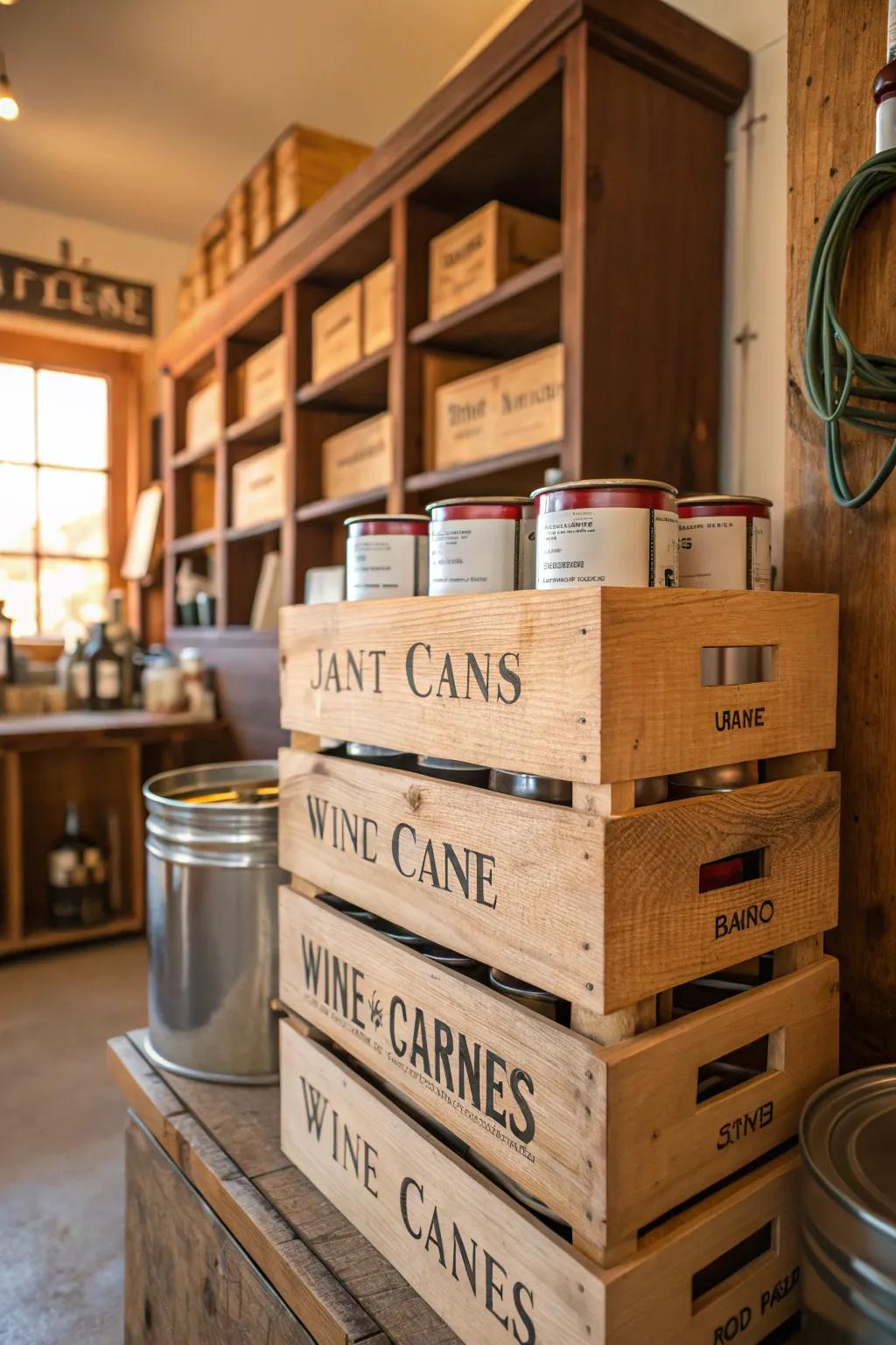 Repurposed wine crates stacked and labeled for storing paint cans.