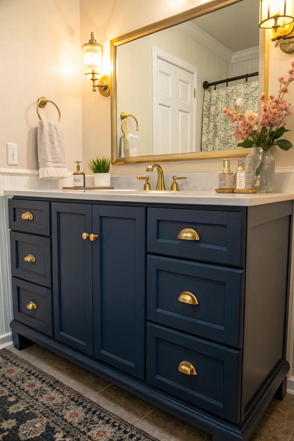 Navy blue brings a touch of elegance to any vanity.