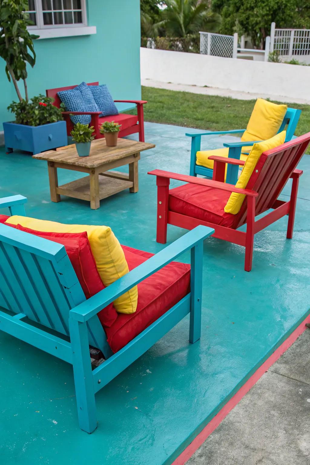 A vibrant turquoise patio that radiates energy and style.