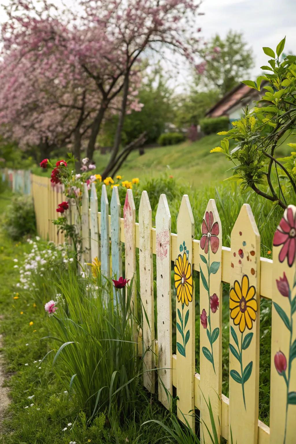 A picket fence adorned with hand-painted floral designs.