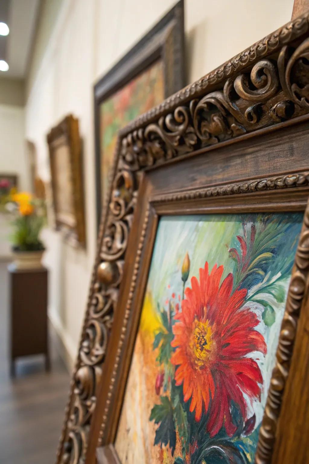 A decorative frame adding elegance to a vibrant painting.