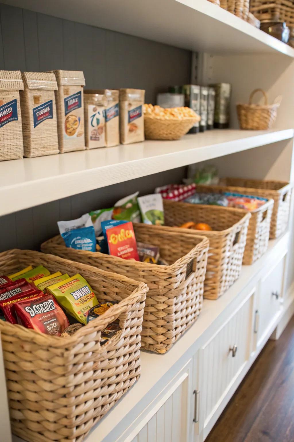 Woven baskets provide both style and function for bulk snack storage.