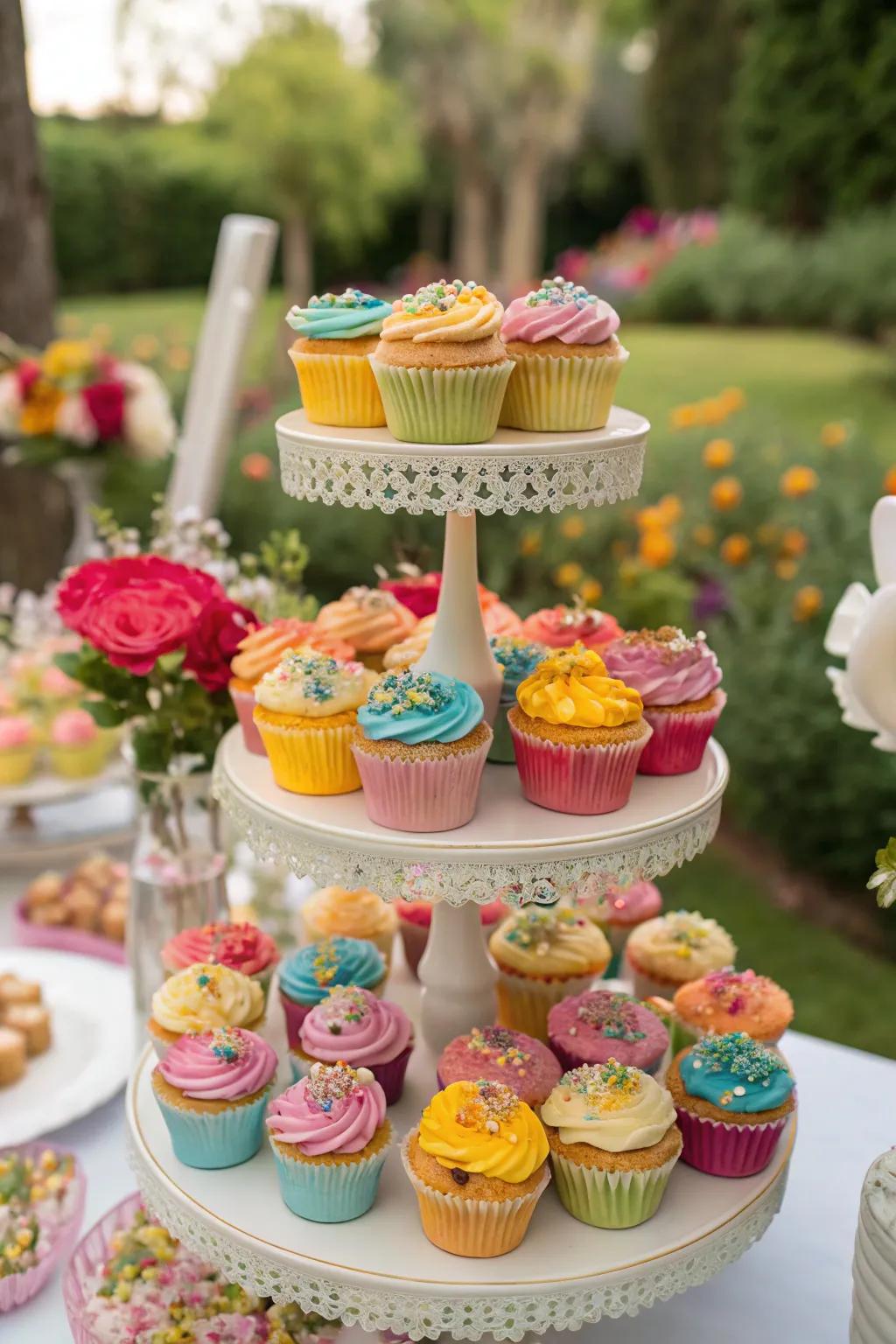 A colorful cupcake tower standing tall as a party centerpiece.