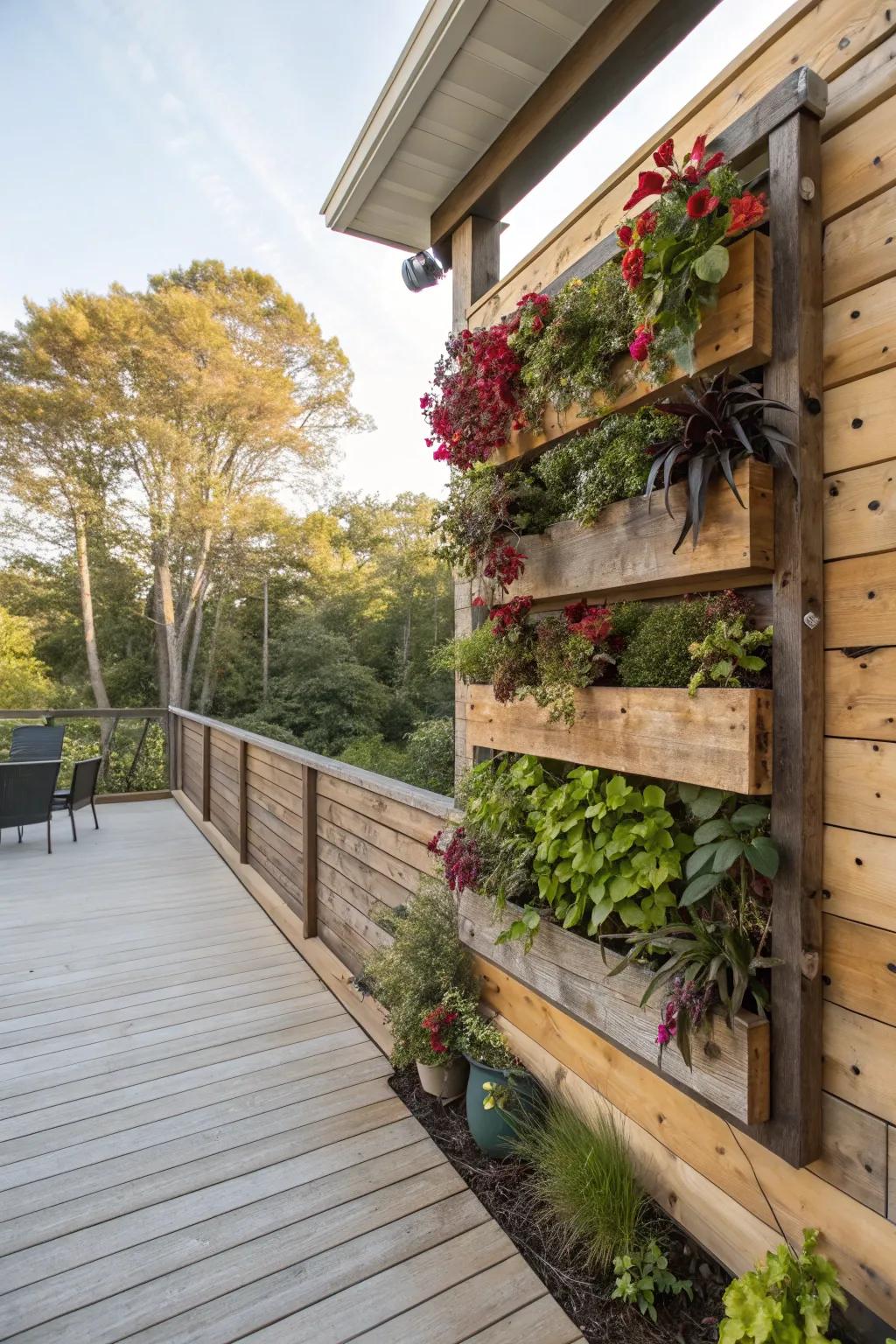 A vibrant vertical garden on a wooden wall.