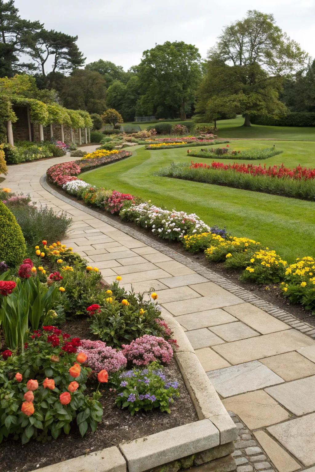 Paver edging provides a clean and defined border for flower beds.