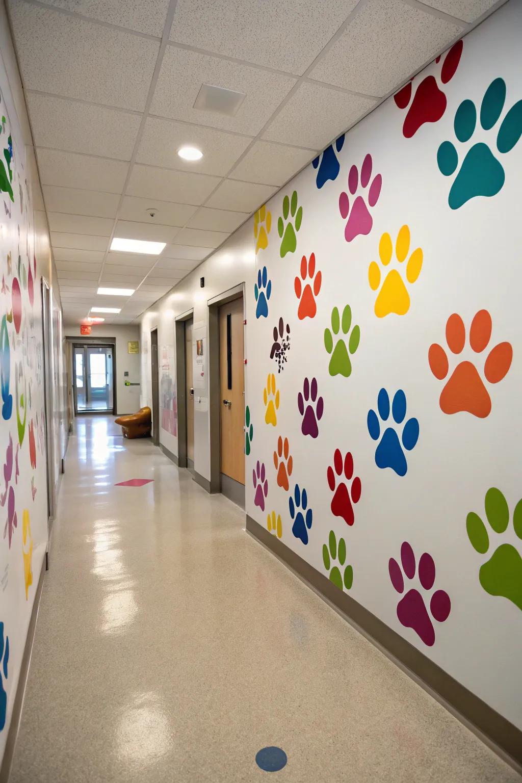 Colorful paw print decals liven up a hallway.