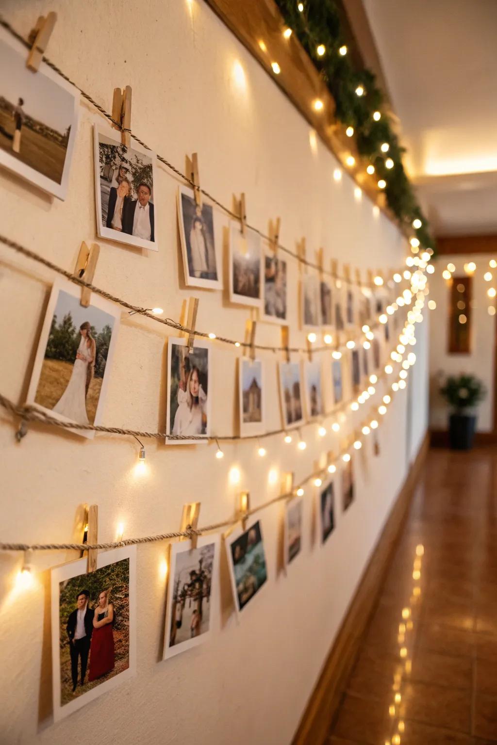 Wooden pegs provide a rustic touch to your photo wall.