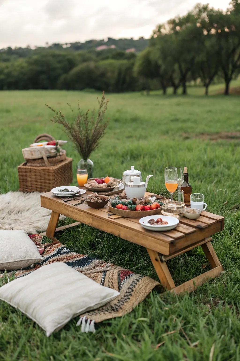 A low wooden table provides a perfect surface for picnic delights.