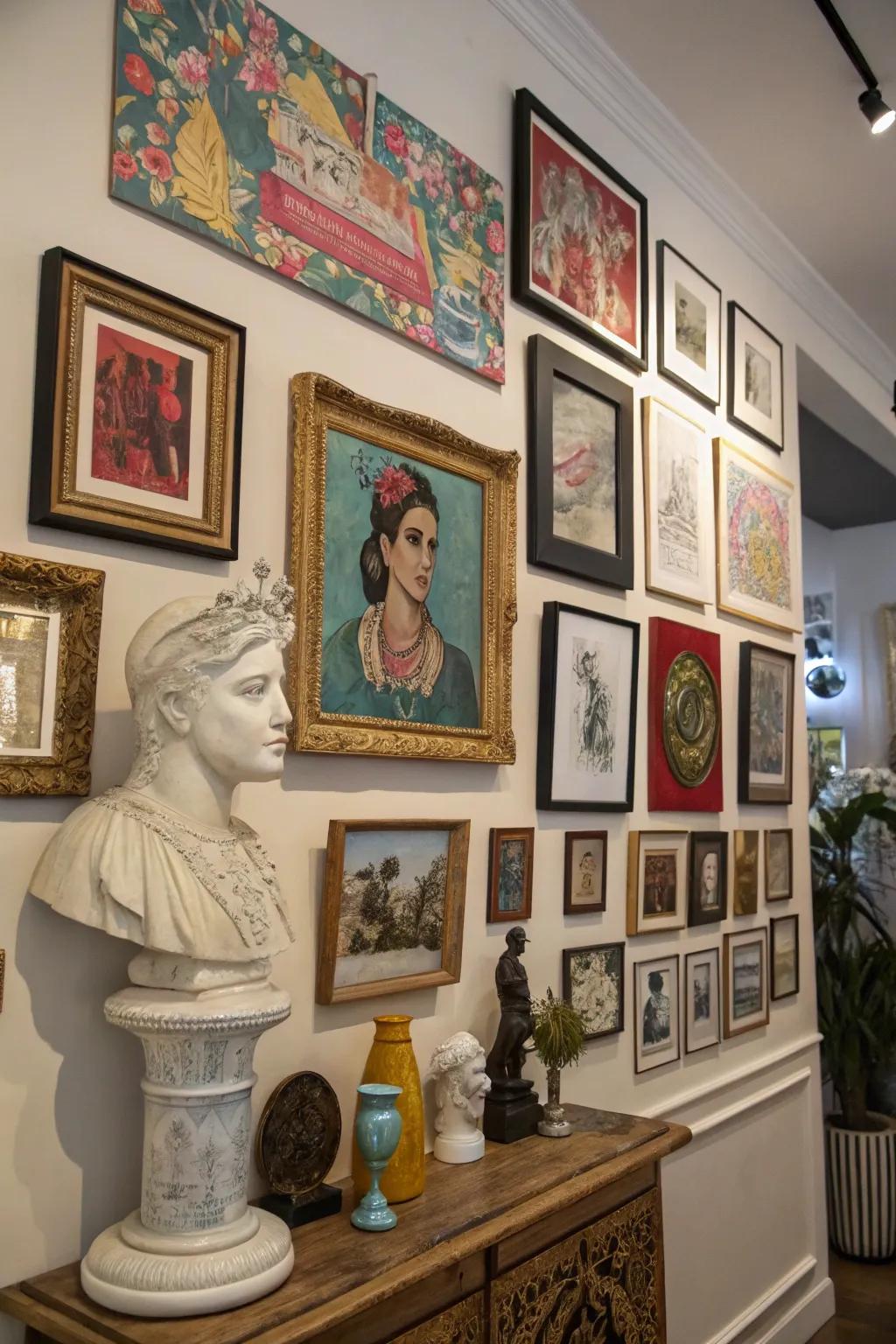 Eclectic picture wall with various art styles.