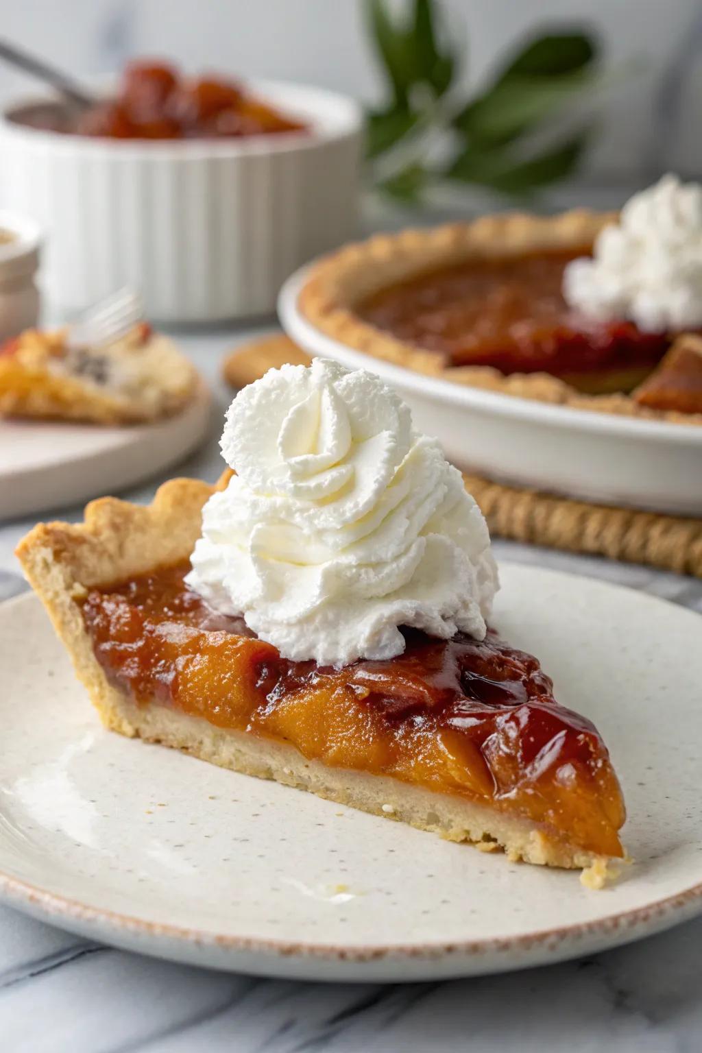 A pie slice elegantly topped with whipped cream.