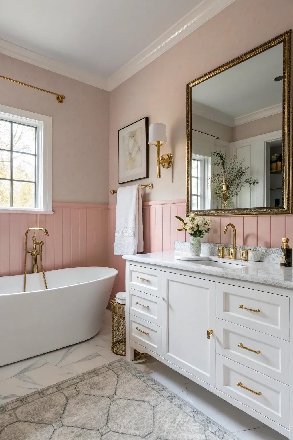 Blush pink walls create a serene atmosphere.