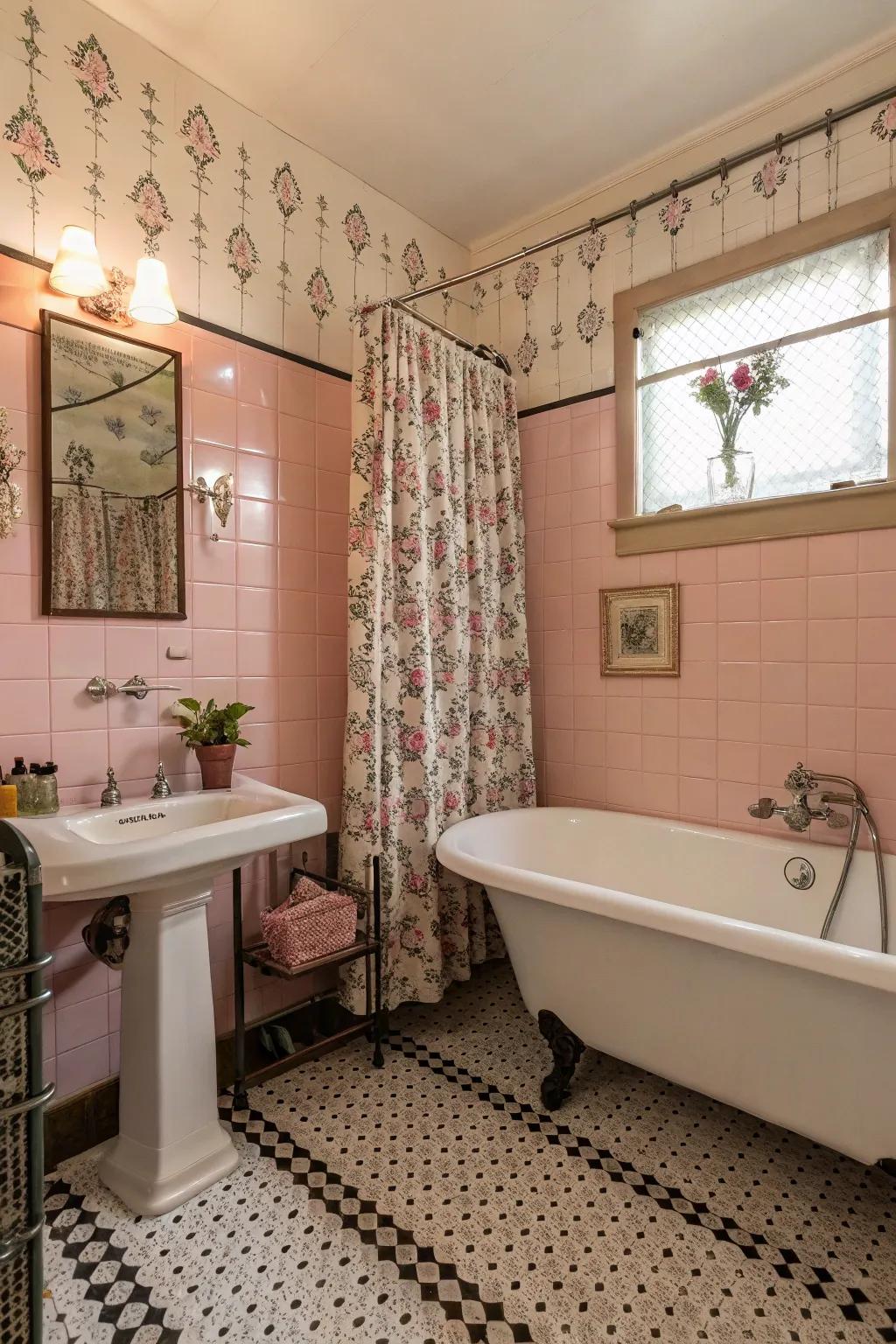 A vintage-inspired bathroom featuring charming pink tiles.