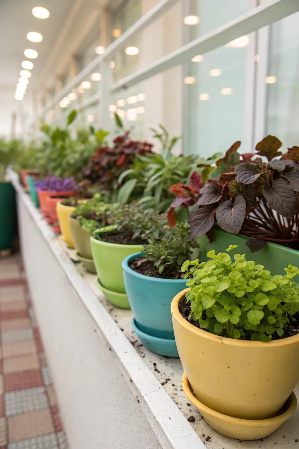 Colorful ceramic planters bring a playful touch to this plant ledge.