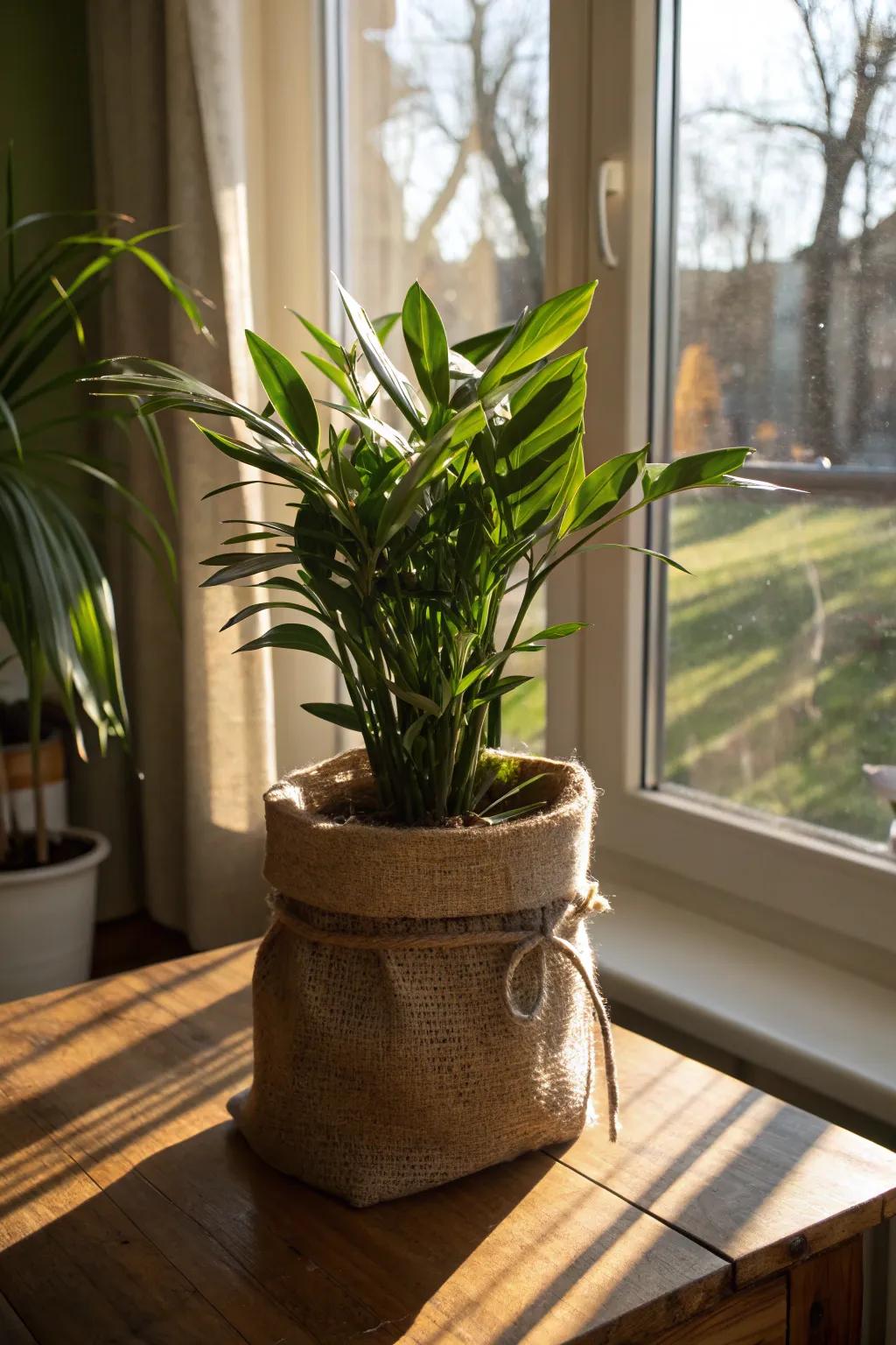 Burlap wraps add a rustic charm to indoor plants.