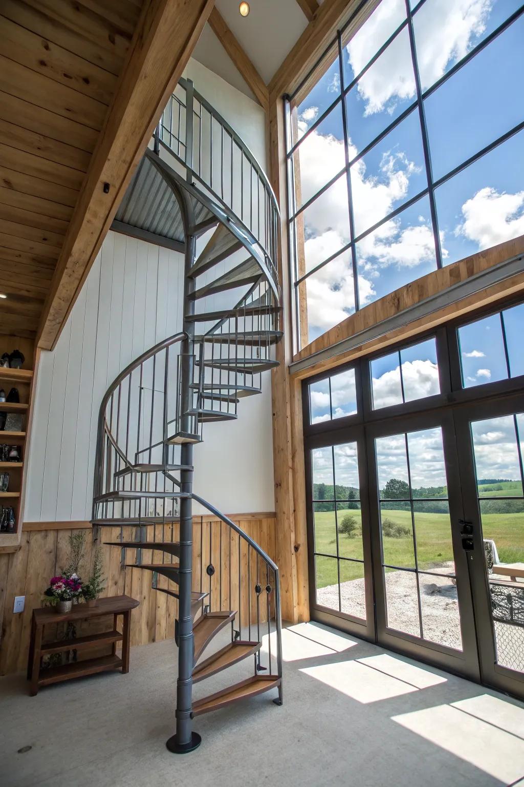 A graceful spiral staircase that serves as both a functional and decorative element.