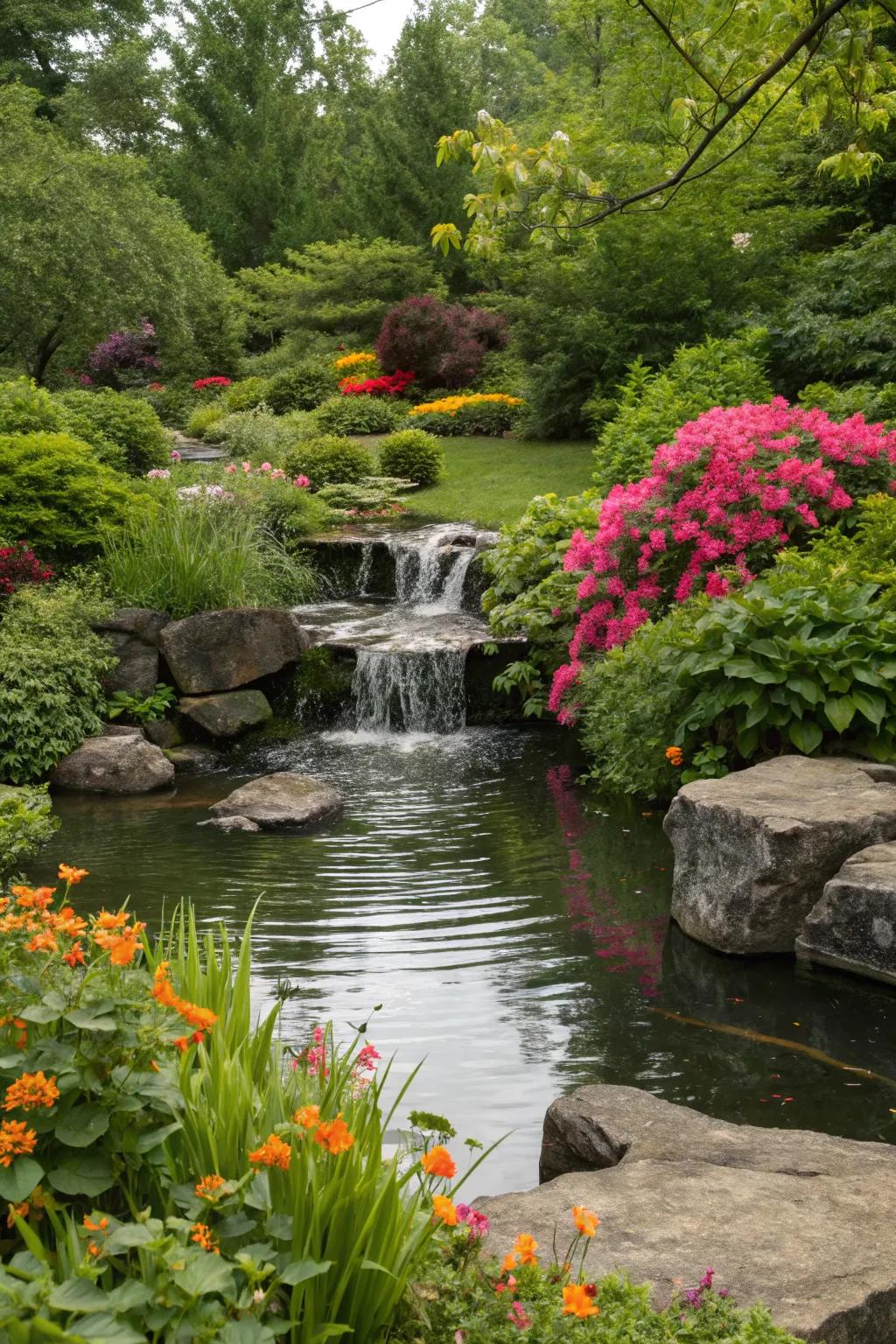 A pond with a cascading waterfall, creating soothing sounds and visual interest.