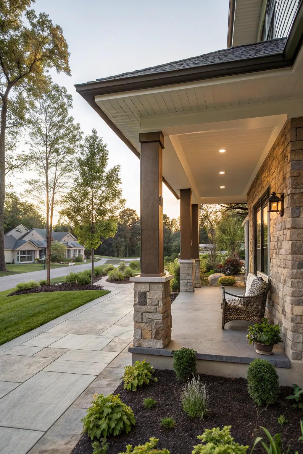 A modern twist on porch design with a hip roof.