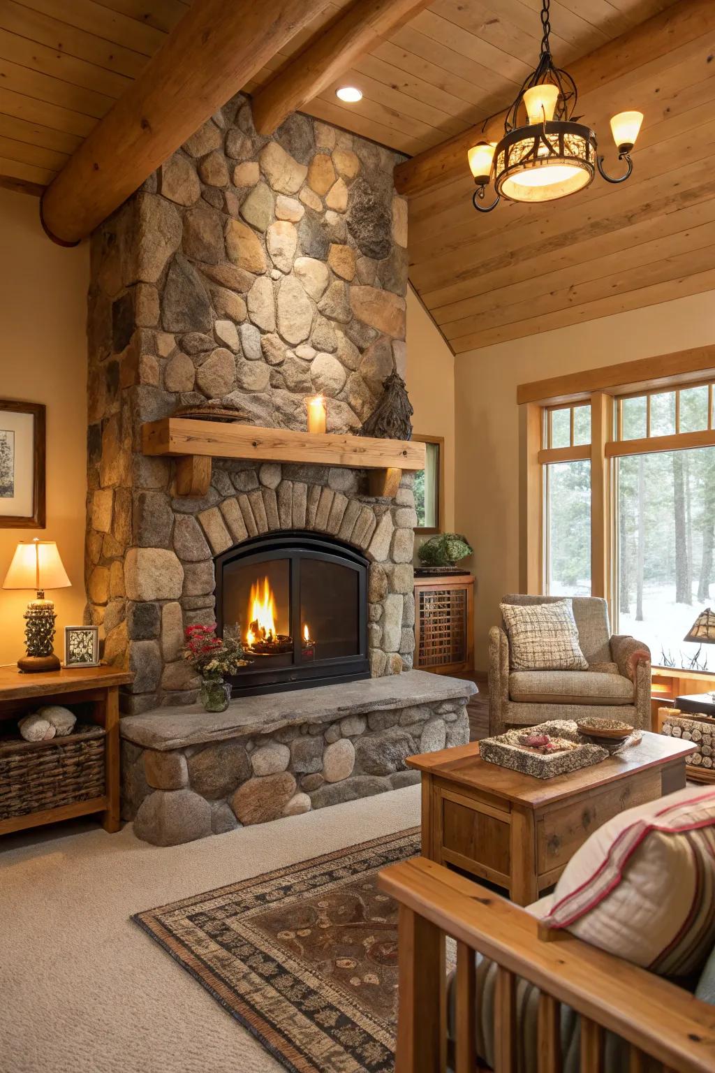 A rustic living room featuring a stone-surrounded propane fireplace.