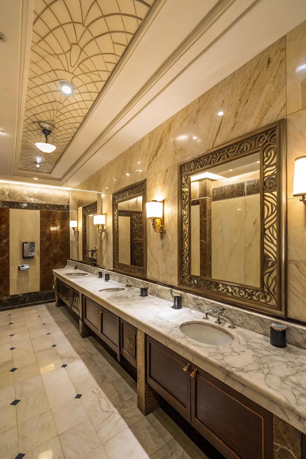 Luxurious finishes in a public bathroom provide a touch of sophistication.