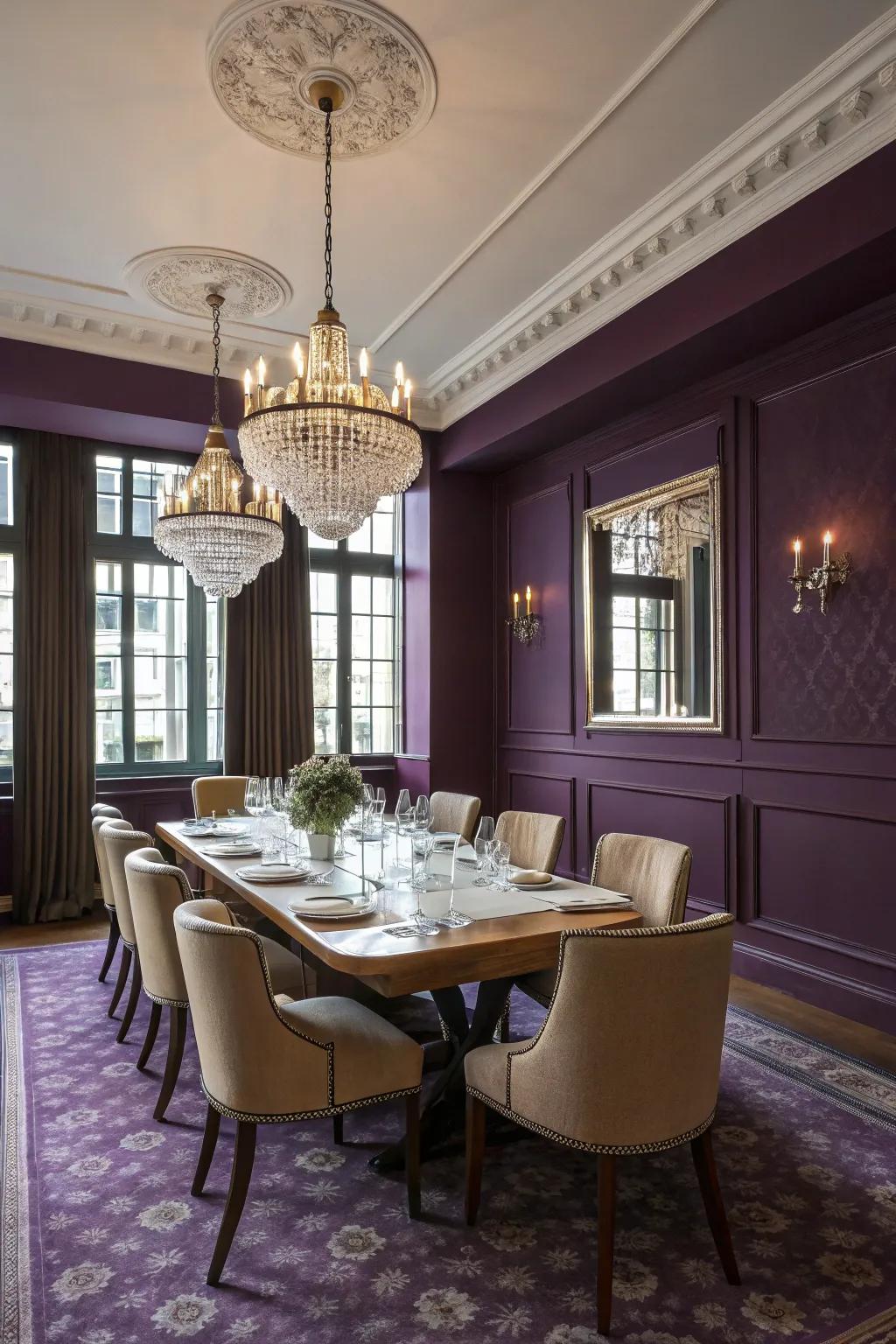 An elegant dining room with deep purple walls setting a regal tone.