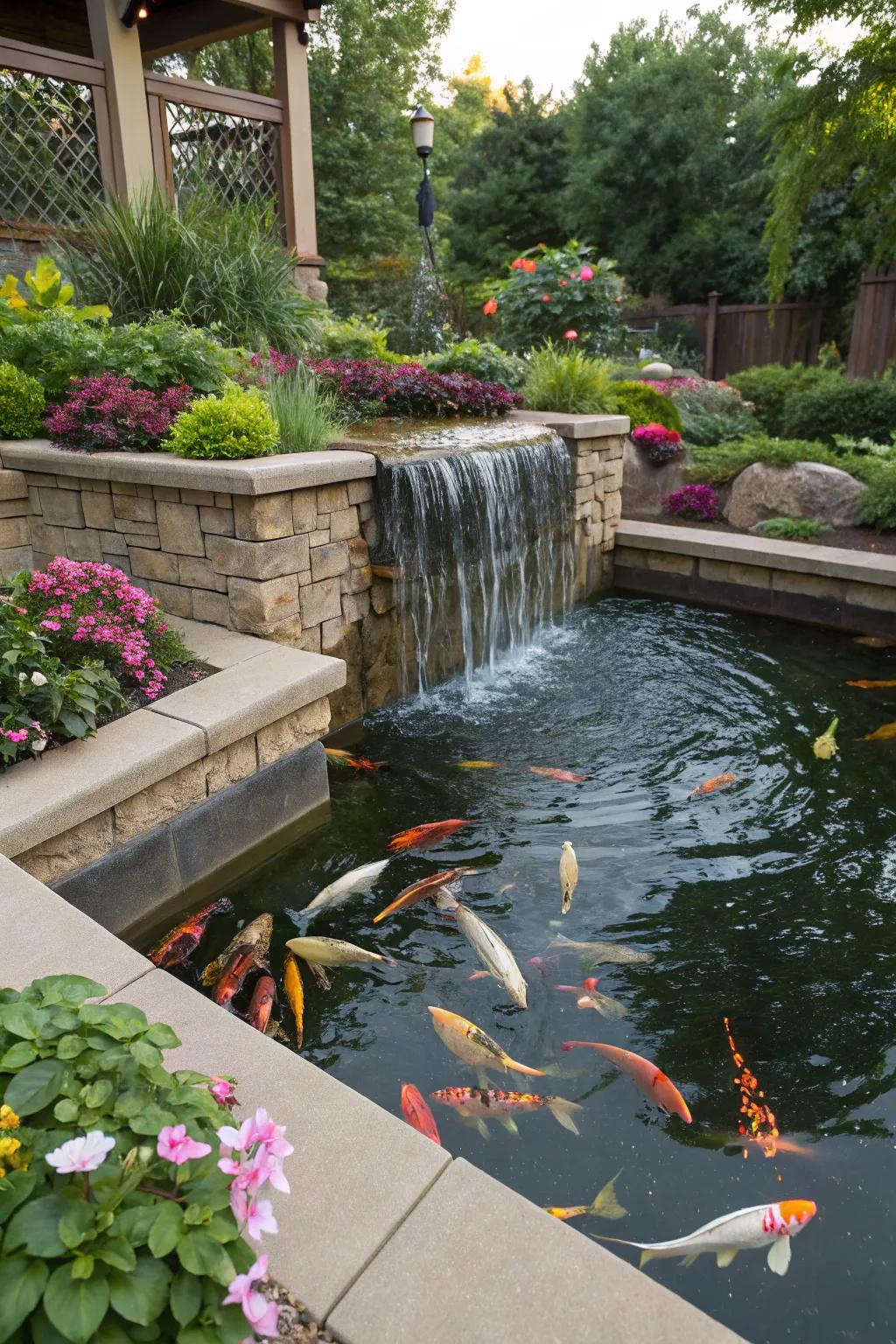 A raised koi pond enhanced by a cascading waterfall.