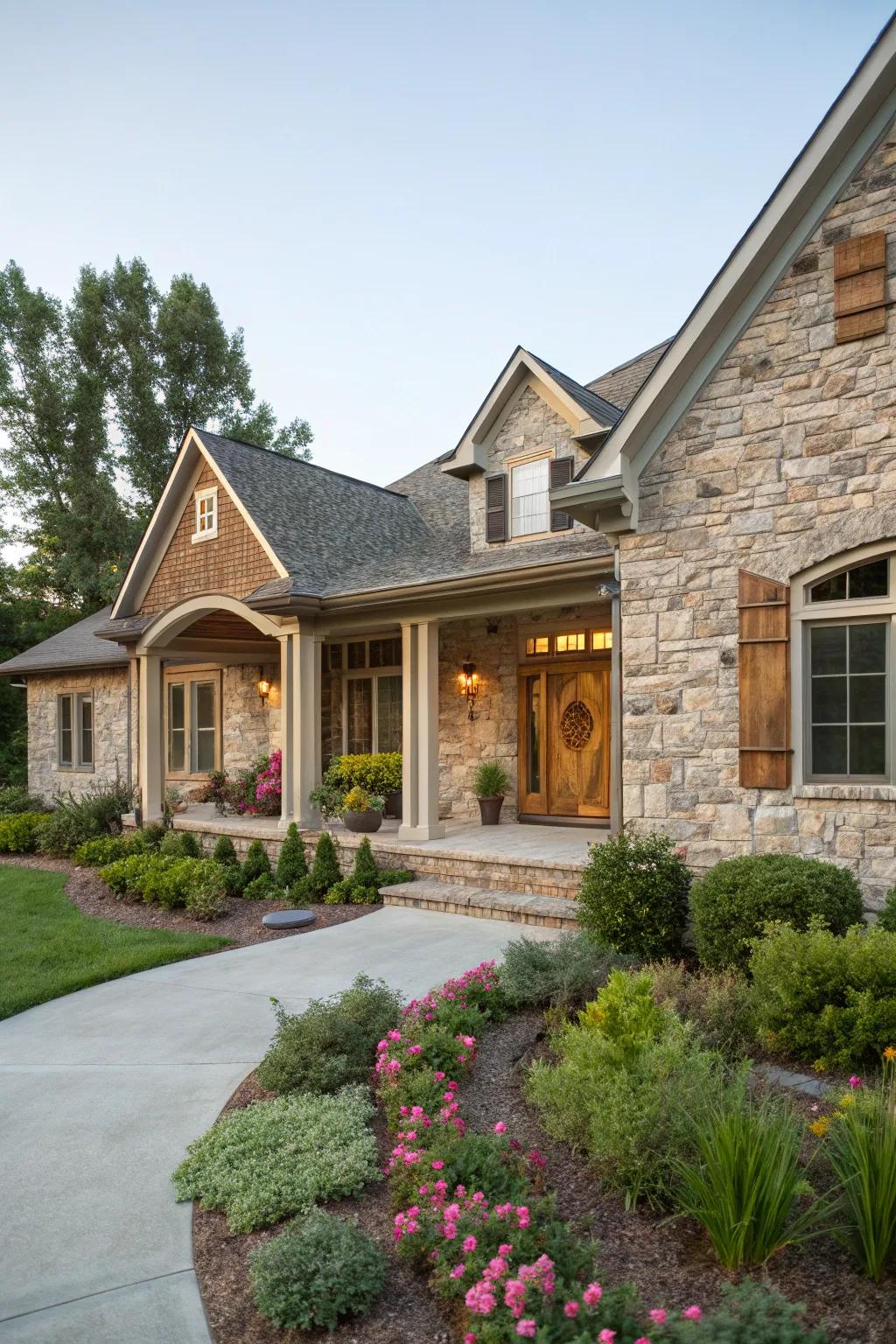 Stone veneer transforms this ranch house into a stately home.