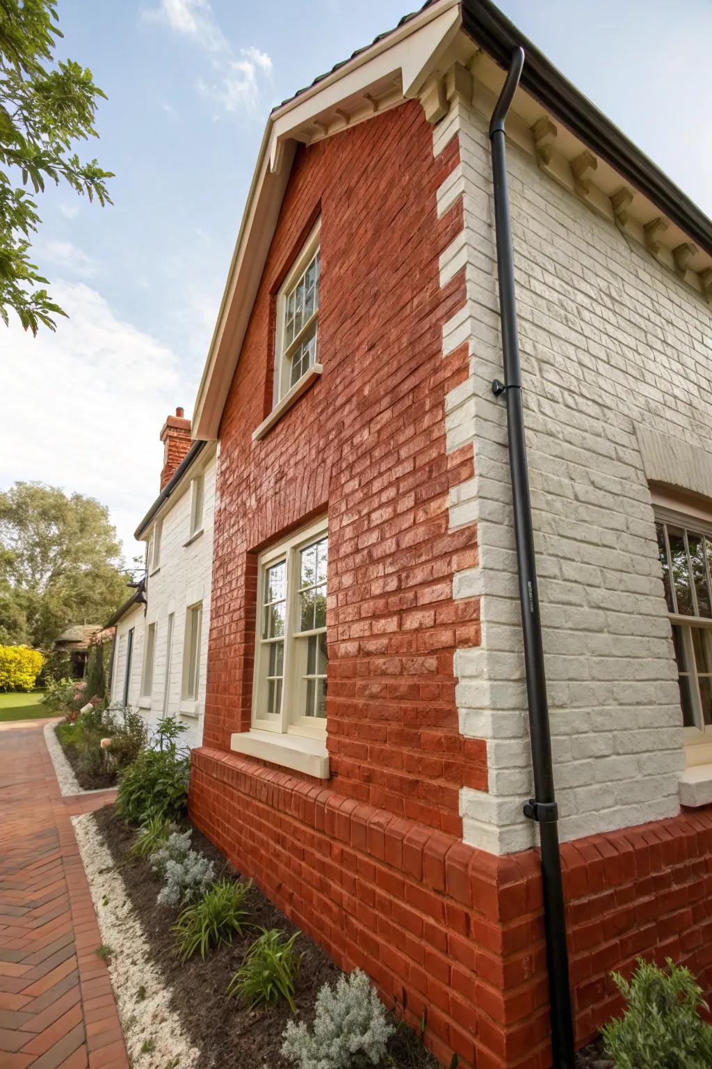 A limewashed red brick house, showcasing texture and subtle color shifts.