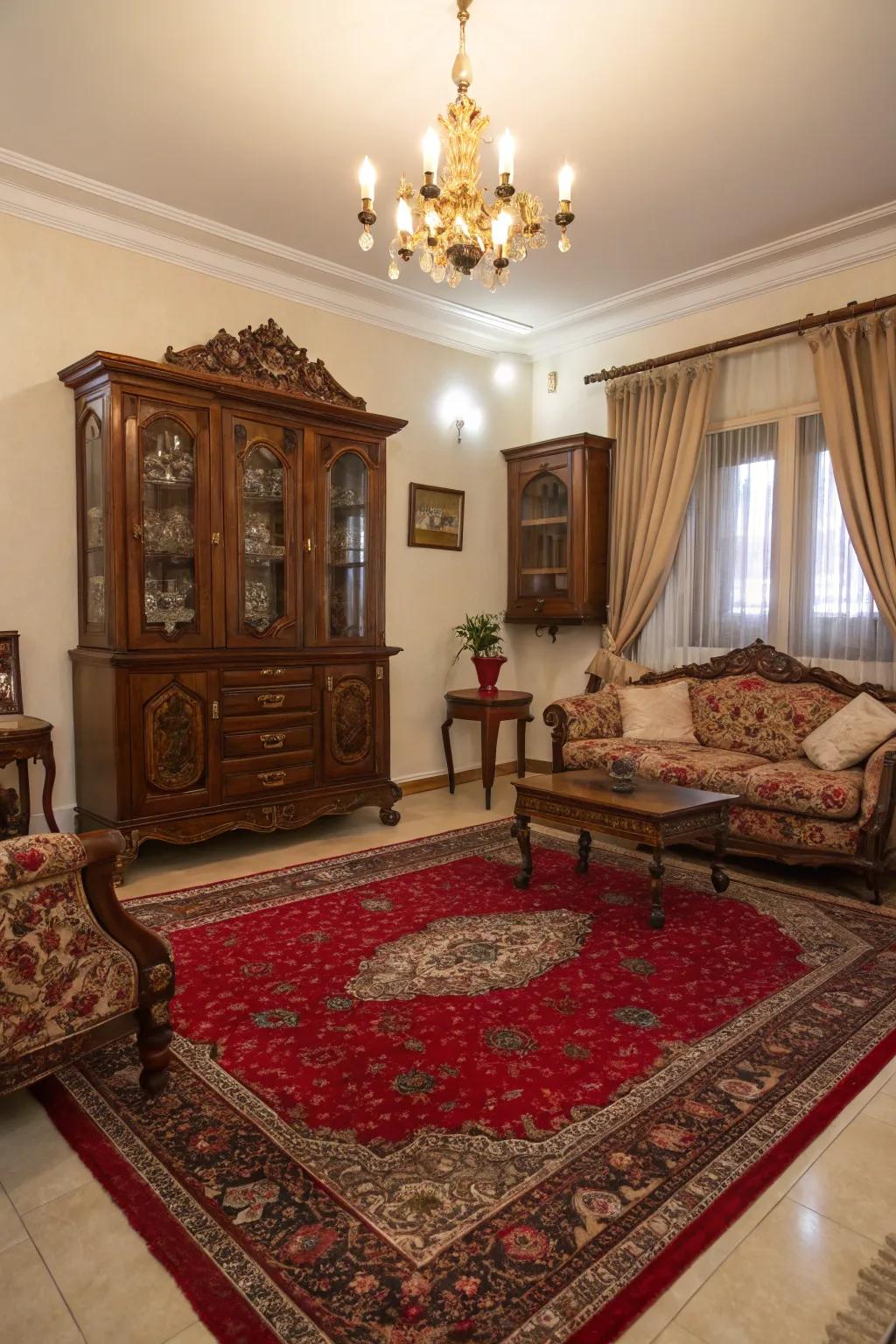 A traditional living room enhanced by a Persian-style red rug.