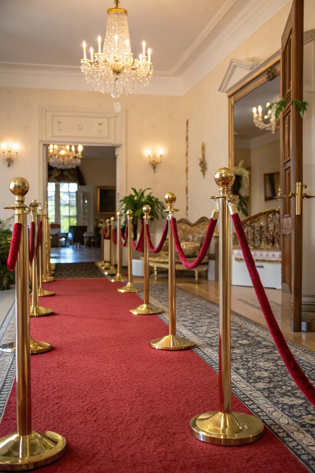 Gold stanchions and velvet ropes add a touch of luxury to any red carpet entrance.