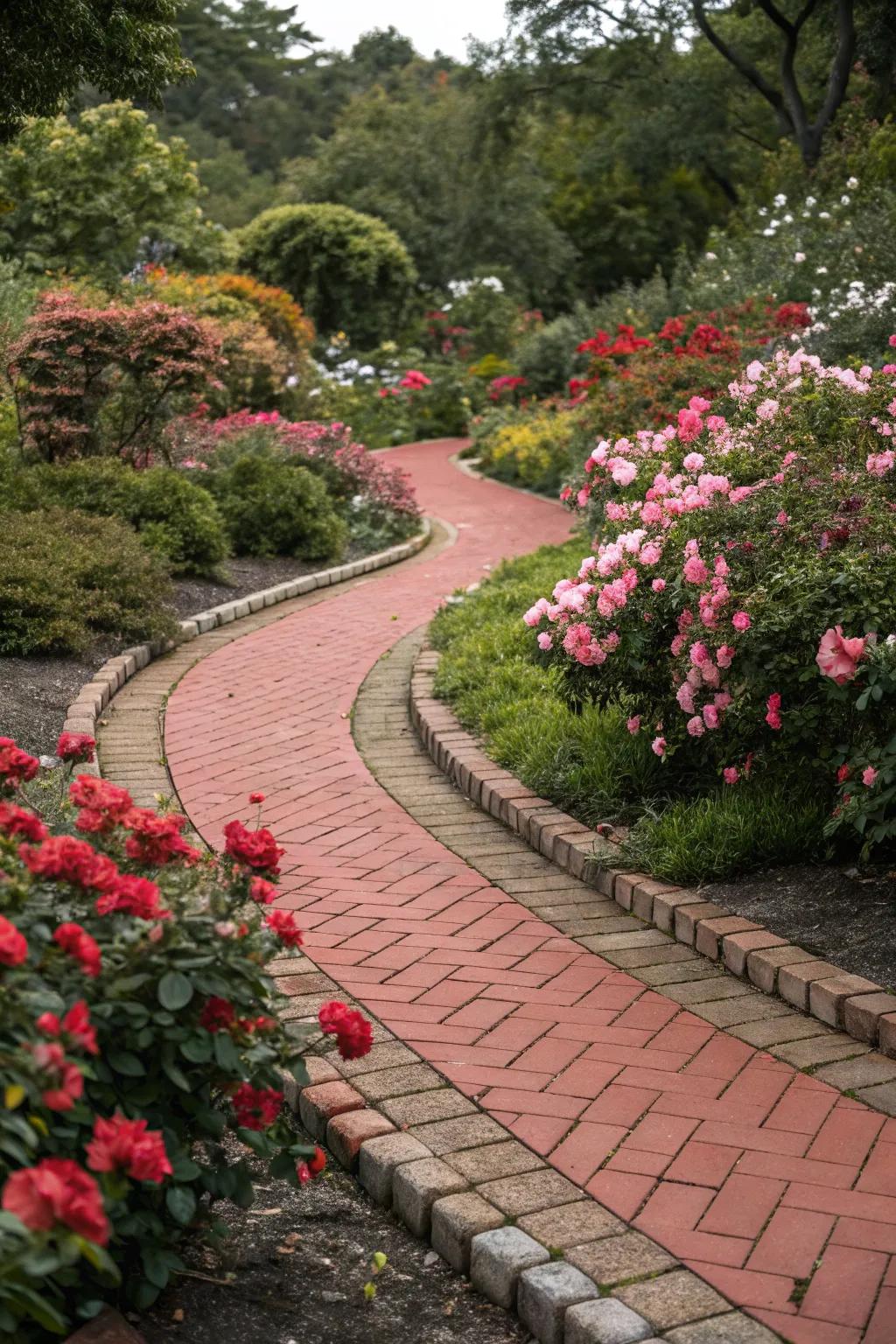 A red paver pathway invites exploration and adds charm.