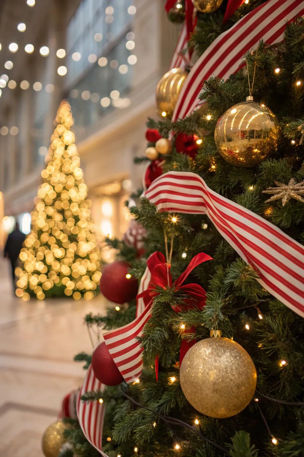 Whimsical ribbons add a playful touch to a red, white, and gold tree.