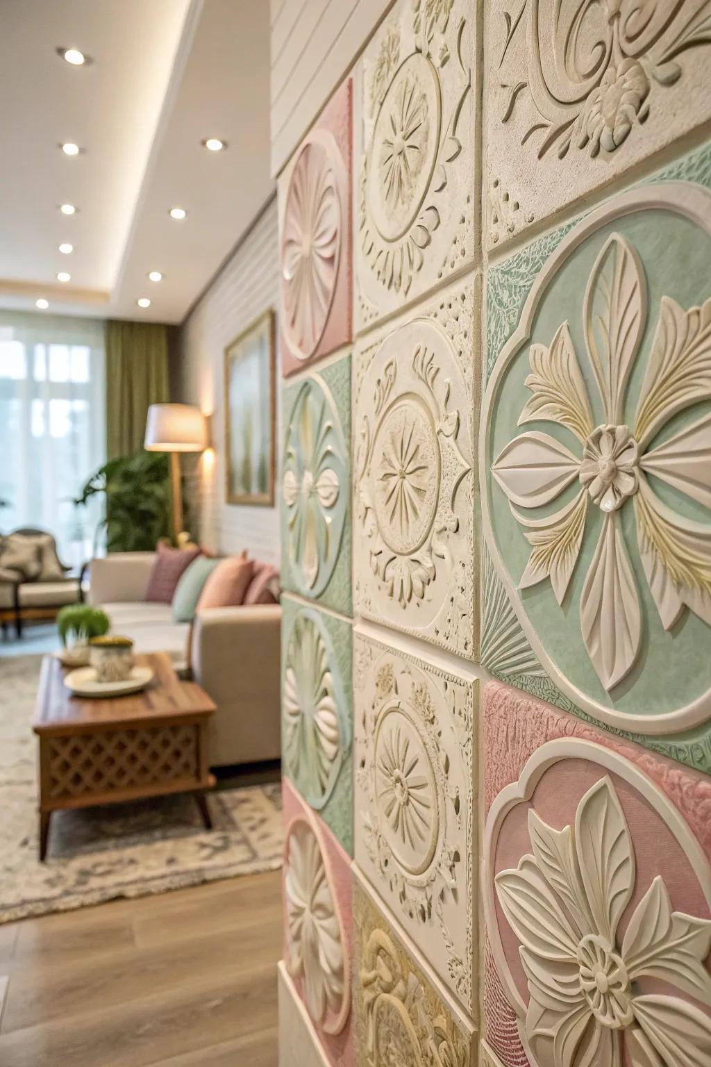 Floral relief tiles in pastels create a dreamy living space.