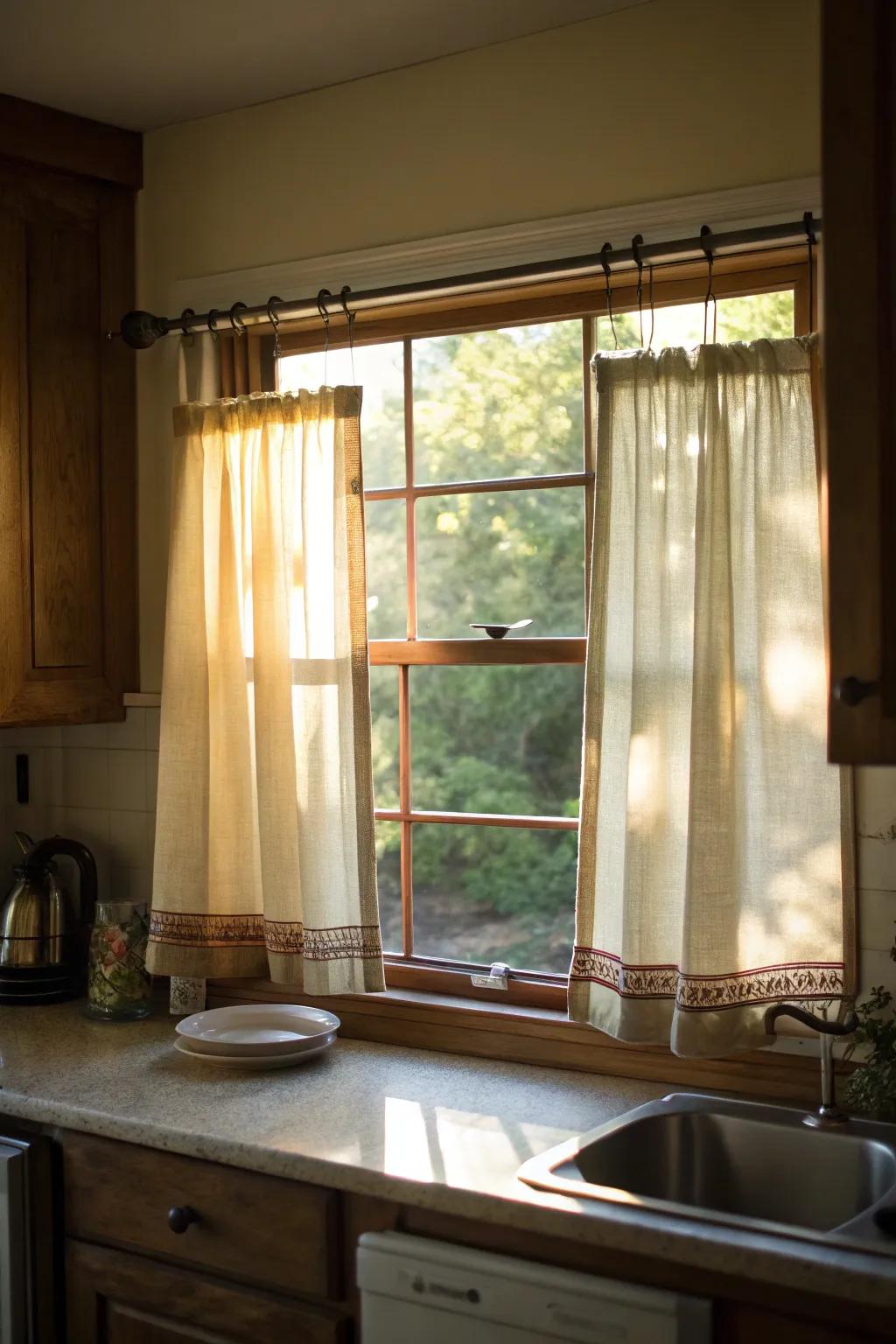 Charming café curtains hung with a tension rod for a no-drill solution.