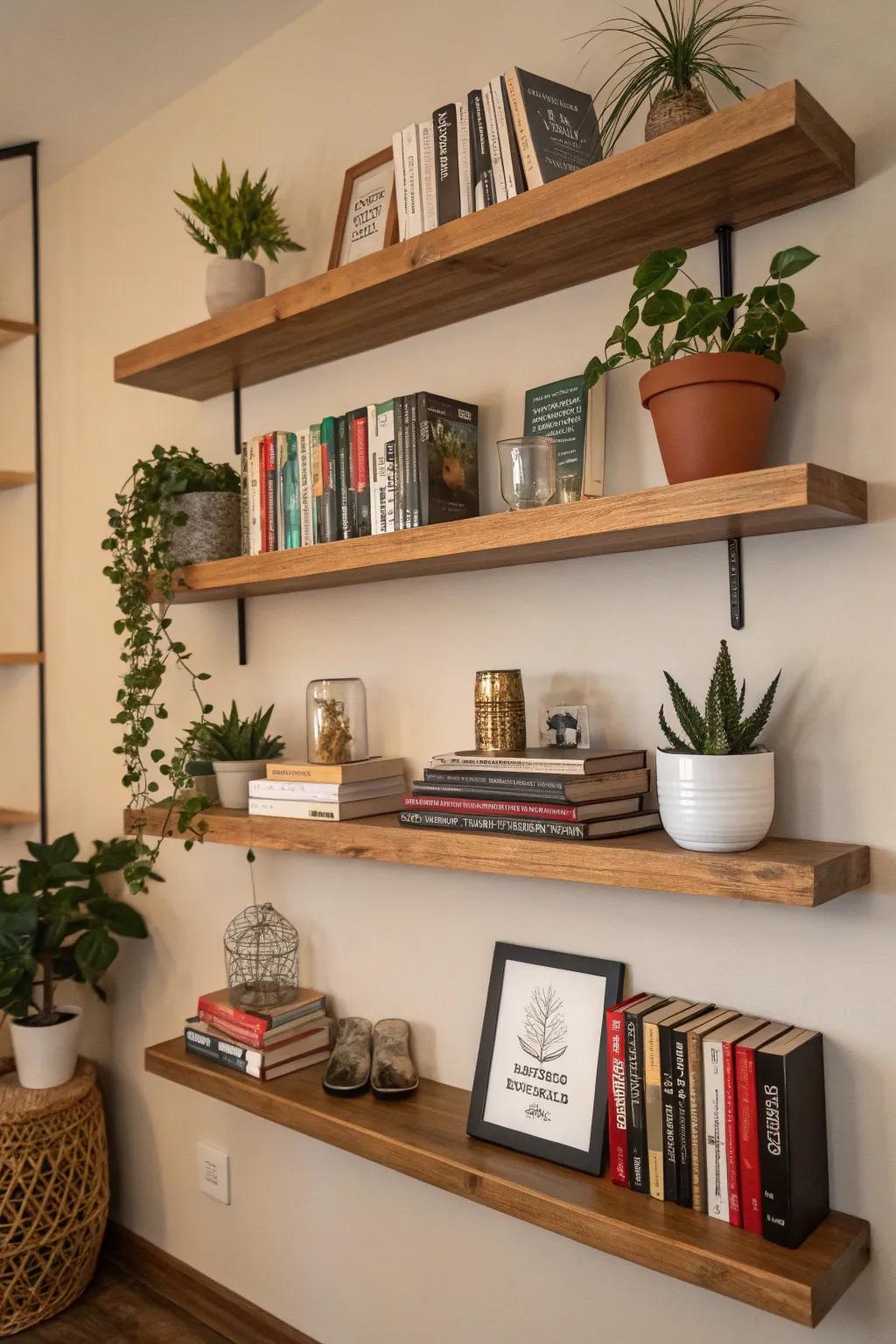 Floating shelves provide stylish storage solutions.