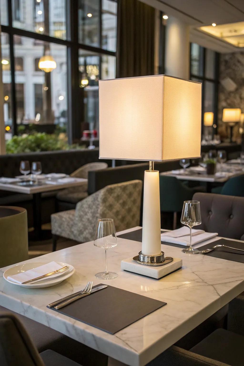 Modern minimalist table lamp on a sleek restaurant table with contemporary decor.