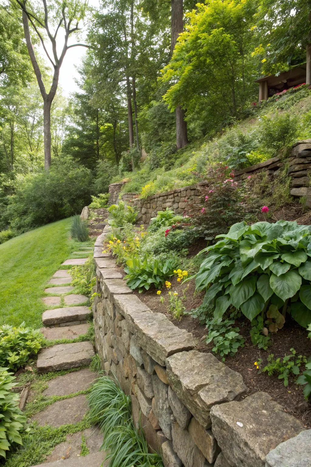 Natural stone walls add rustic charm and functionality to any slope.