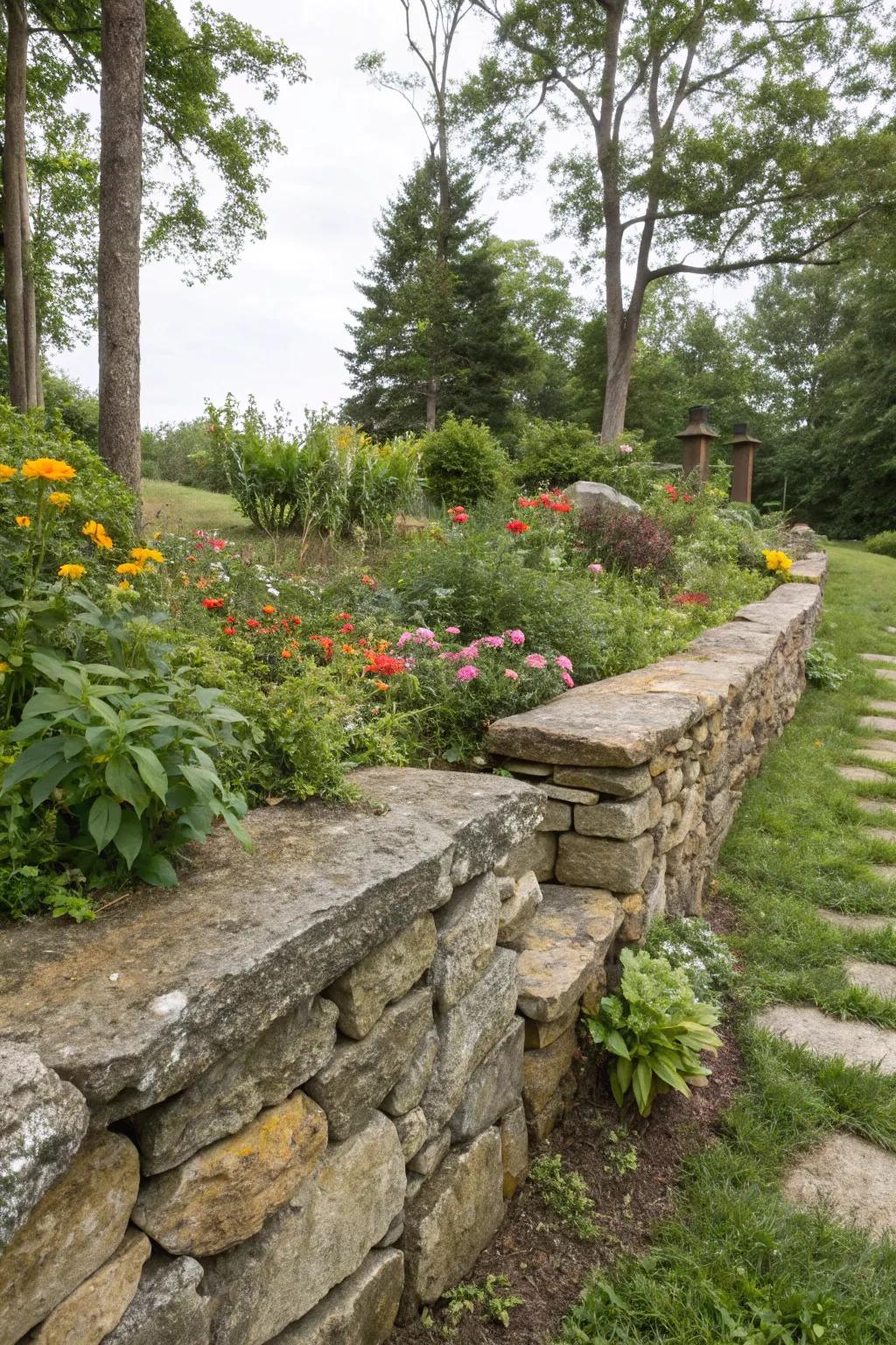 Natural stone retaining walls offer timeless elegance.