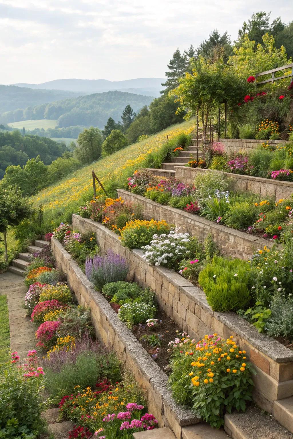 Terraced gardens transform slopes into beautiful, functional spaces.