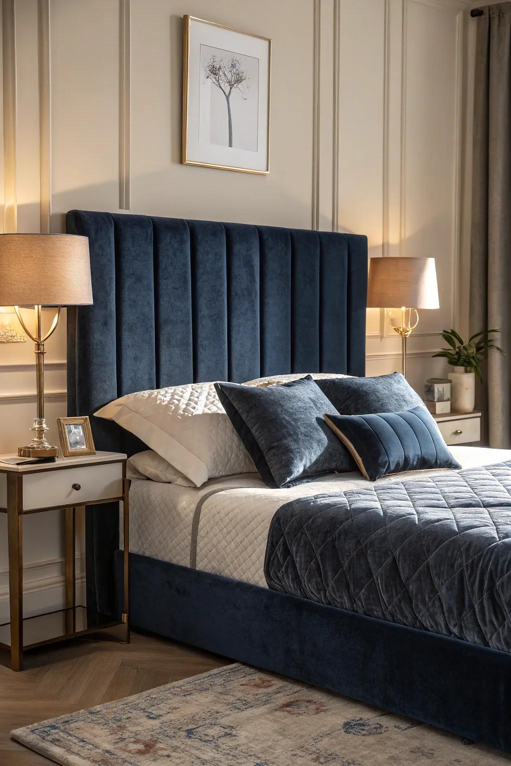 Velvet accents add plush luxury to your navy blue bedroom.