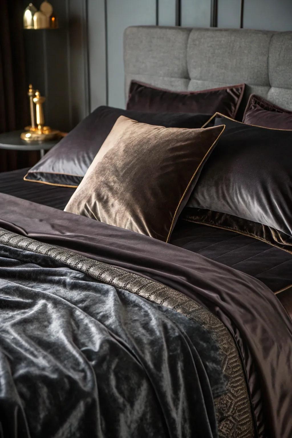 Luxurious velvet and silk fabrics enhance the gothic elegance of the bedroom.