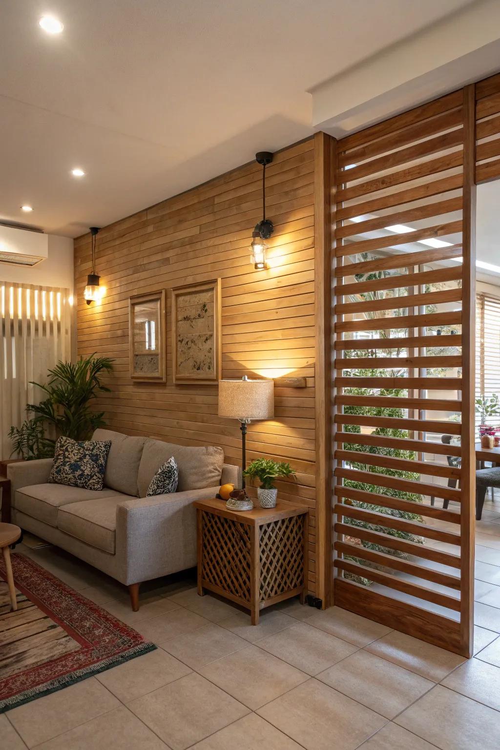 A cozy living space with a wooden slat half wall, letting in natural light.