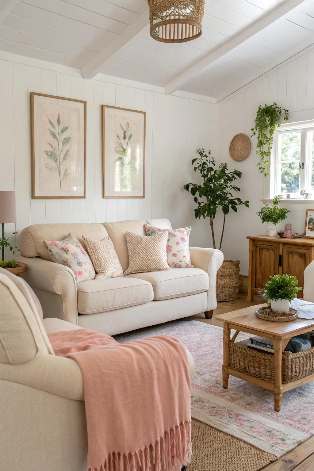 A living room featuring a neutral and soft color palette for a calming atmosphere.