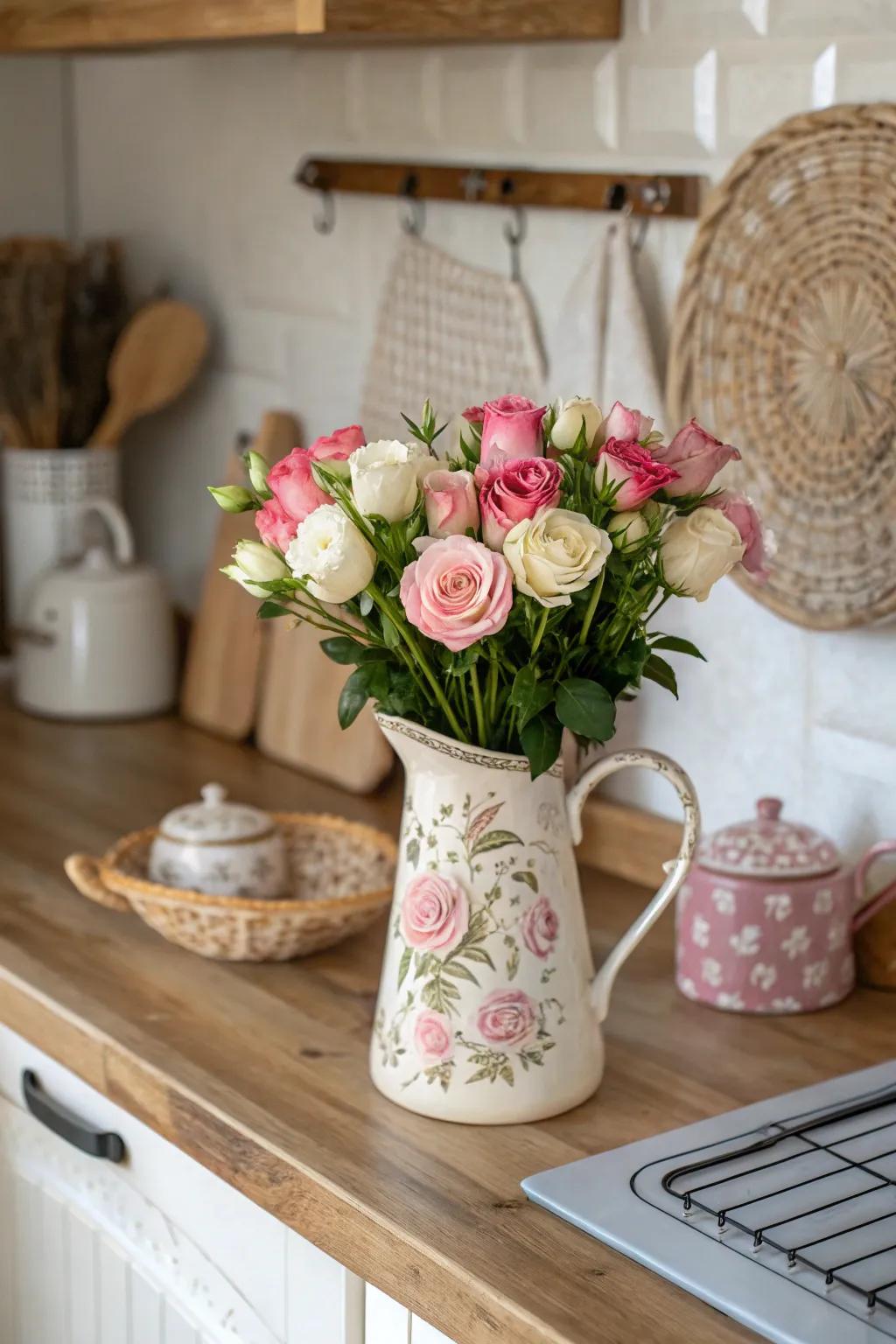 Rustic charm with a ceramic jug and delicate roses.