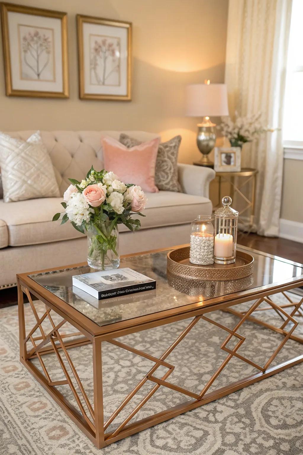 A statement rose gold coffee table adds elegance to the living room.