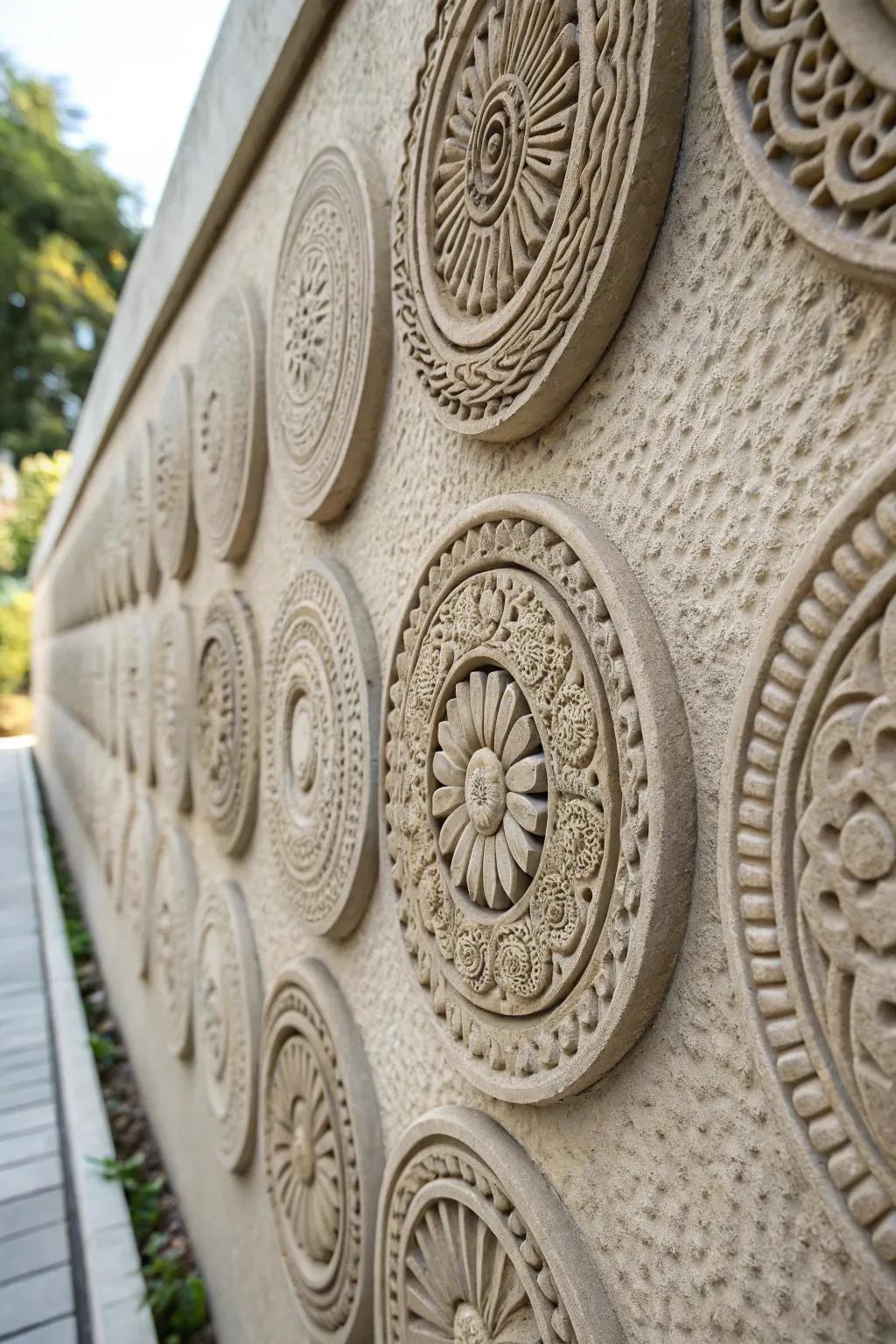 Textured round decor elements adding depth and interest to a wall.