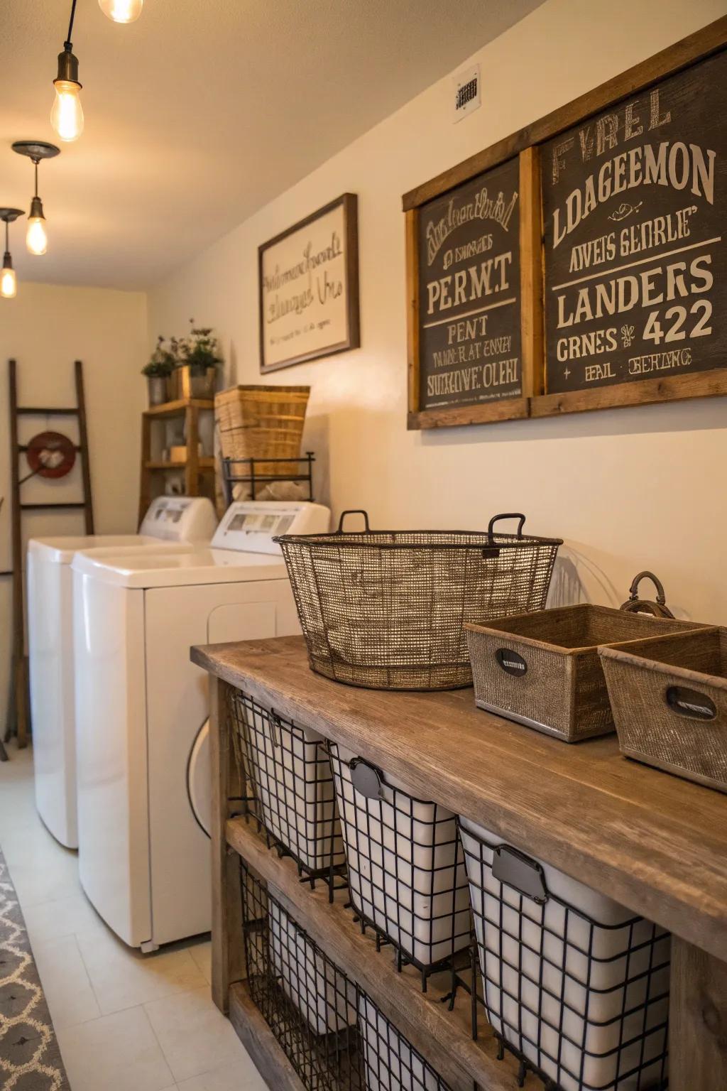 Vintage decor elements add nostalgic charm to the laundry space.