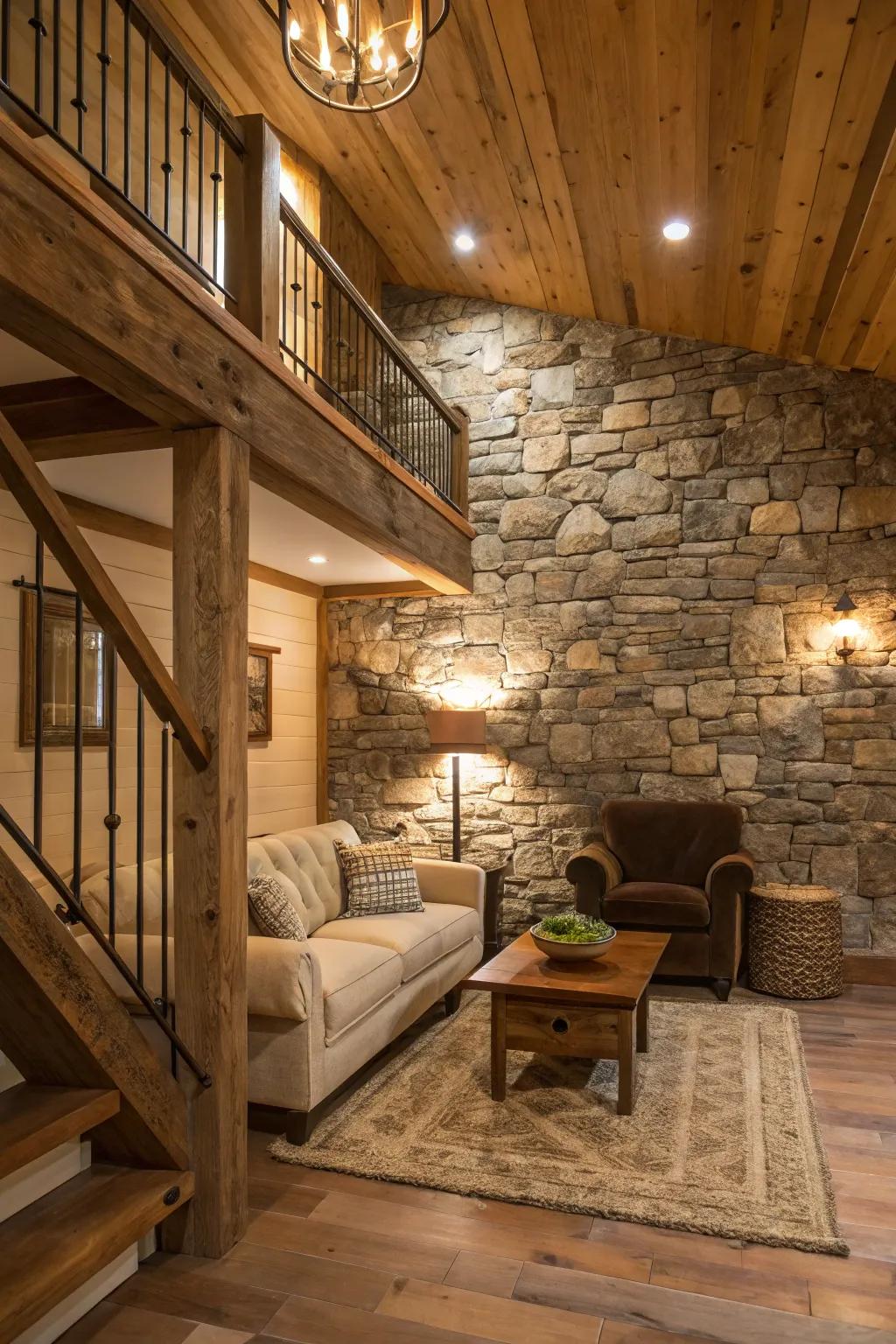 A stone accent wall can add rugged elegance to your loft space.