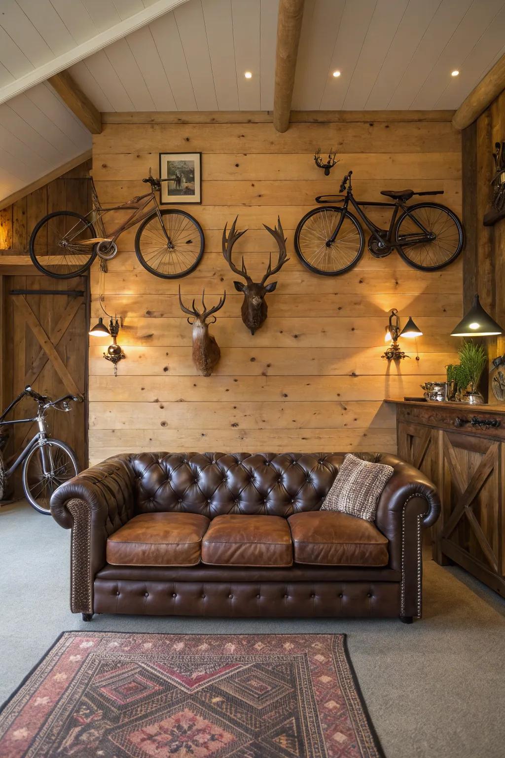 A plush leather sofa adds elegance and comfort to this rustic man cave.