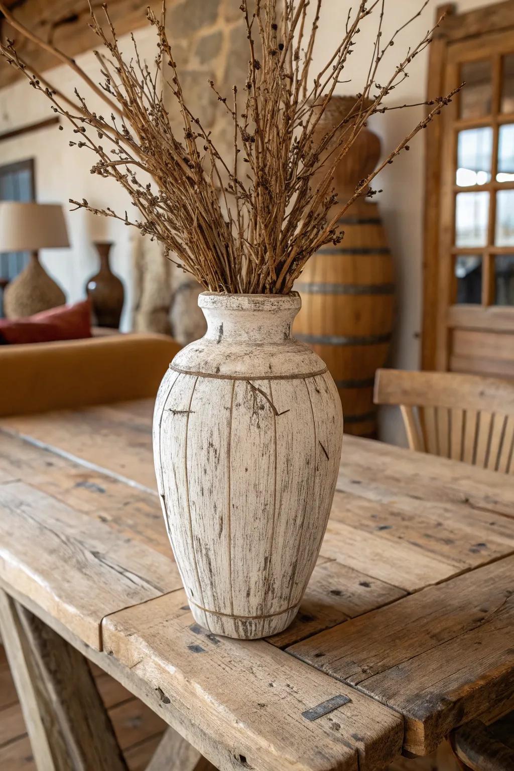 Wooden vases create a natural and inviting atmosphere.