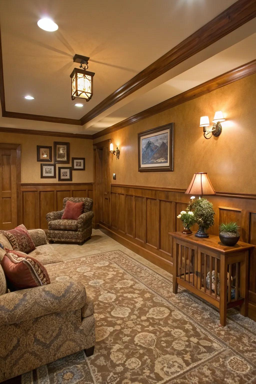 Earthy tones in wainscoting create a warm and inviting atmosphere.